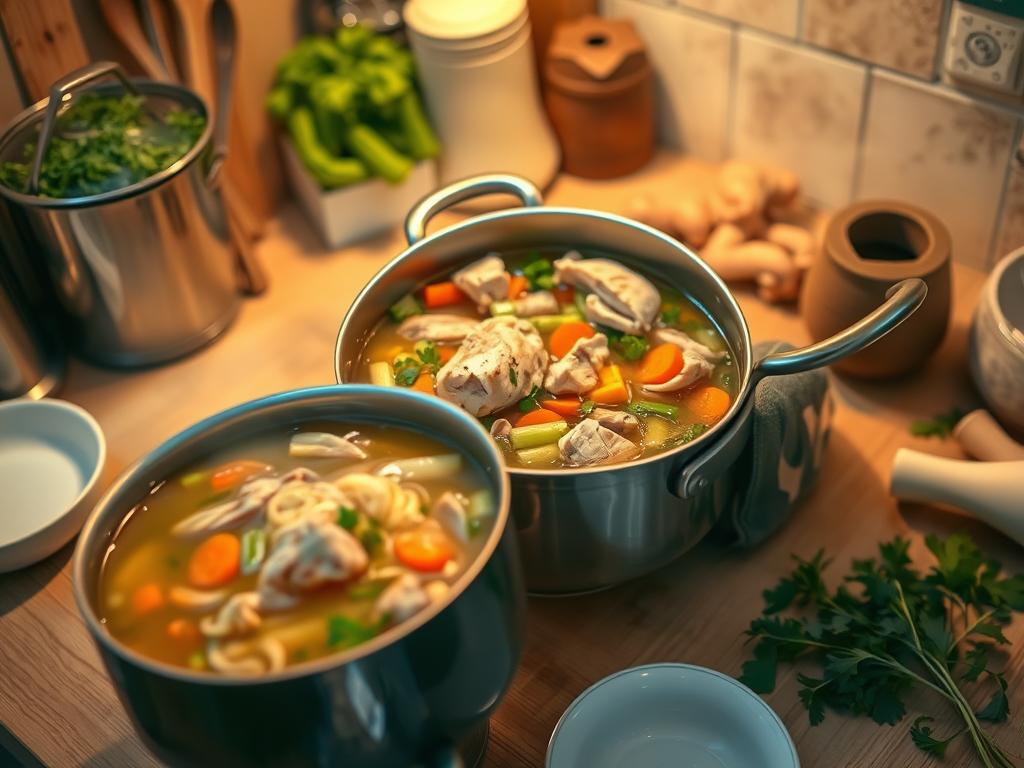 Cozy kitchen scene with a pot of simmering chicken noodle soup, rotisserie chicken chunks, colorful vegetables, and fresh herbs on a rustic wooden countertop.