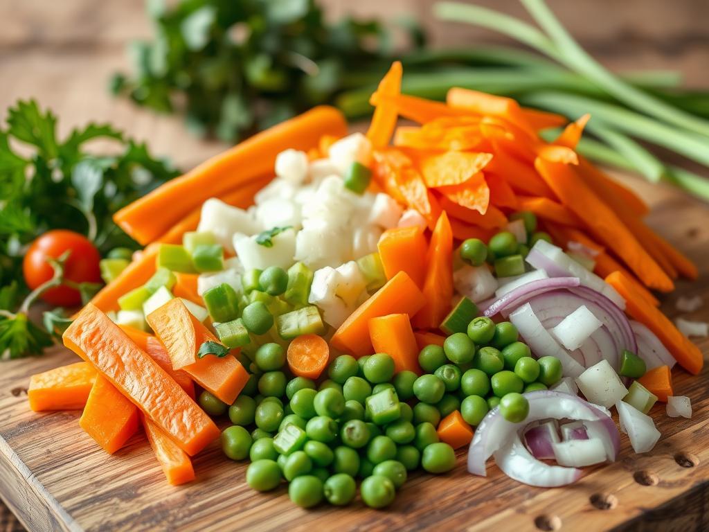 Colorful assortment of fresh vegetables for chicken noodle soup, including sliced carrots, diced celery, onions, and peas on a rustic wooden cutting board, with green herbs in the background.