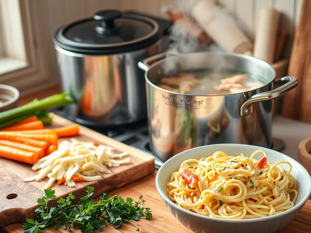 Cozy kitchen scene with rotisserie chicken noodle soup in preparation, featuring simmering broth, fresh vegetables, shredded chicken, egg noodles, and scattered herbs.