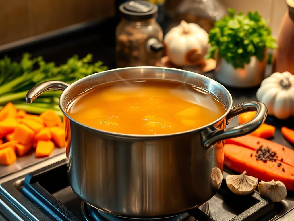 Steaming pot of golden chicken broth simmering on a stove, surrounded by fresh ingredients like carrots, celery, garlic, and herbs, in a warmly lit kitchen.