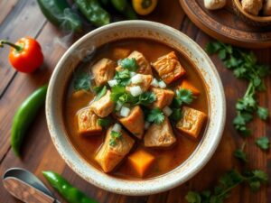 A steaming bowl of green chili stew with tender chunks of meat and green chilis, garnished with fresh cilantro and diced onions, placed on a rustic wooden table surrounded by fresh peppers and herbs.