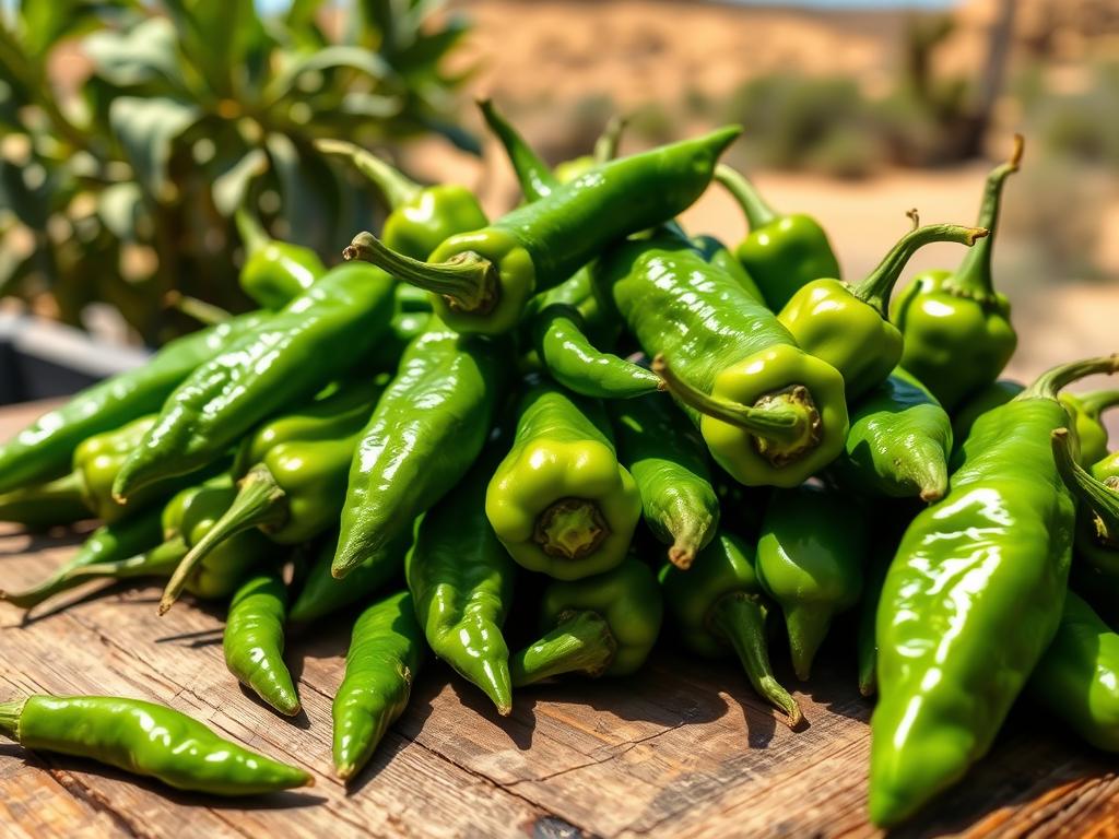 A vibrant assortment of fresh Hatch green chiles in various sizes and shapes, arranged on a rustic wooden table with a blurred sunny southwestern landscape in the background. The bright green chiles glisten with moisture, emphasizing their freshness.