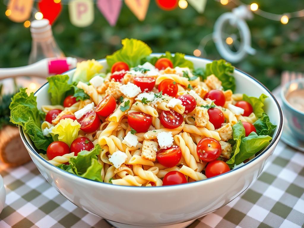 Vibrant Caesar pasta salad with fusilli pasta, romaine lettuce, cherry tomatoes, Caesar dressing, Parmesan cheese, croutons, and fresh herbs in a serving bowl on a picnic table with decorations and string lights.