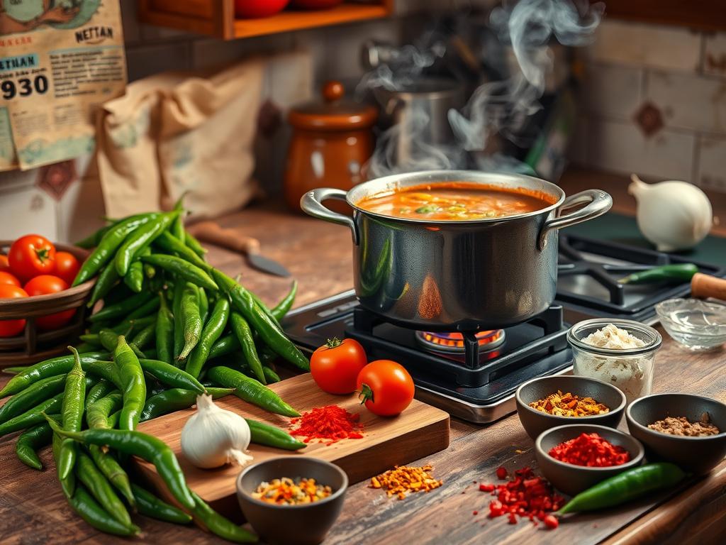 A cozy kitchen scene featuring a pot of green chili stew simmering on the stove, surrounded by fresh ingredients like green chilies, tomatoes, onions, and garlic. A rustic wooden table with a chopping board and colorful spices in small bowls completes the inviting atmosphere, with steam rising from the pot under warm, natural lighting.