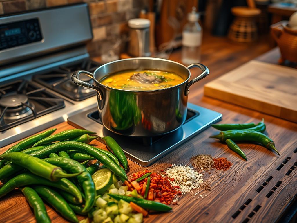 A cozy kitchen scene with a pot of green chili stew simmering on the stove, steam rising from the pot. Vibrant green chilis, diced vegetables, and colorful spices are spread across the countertop. The warm lighting highlights the rustic wooden table and rich textures throughout the scene.