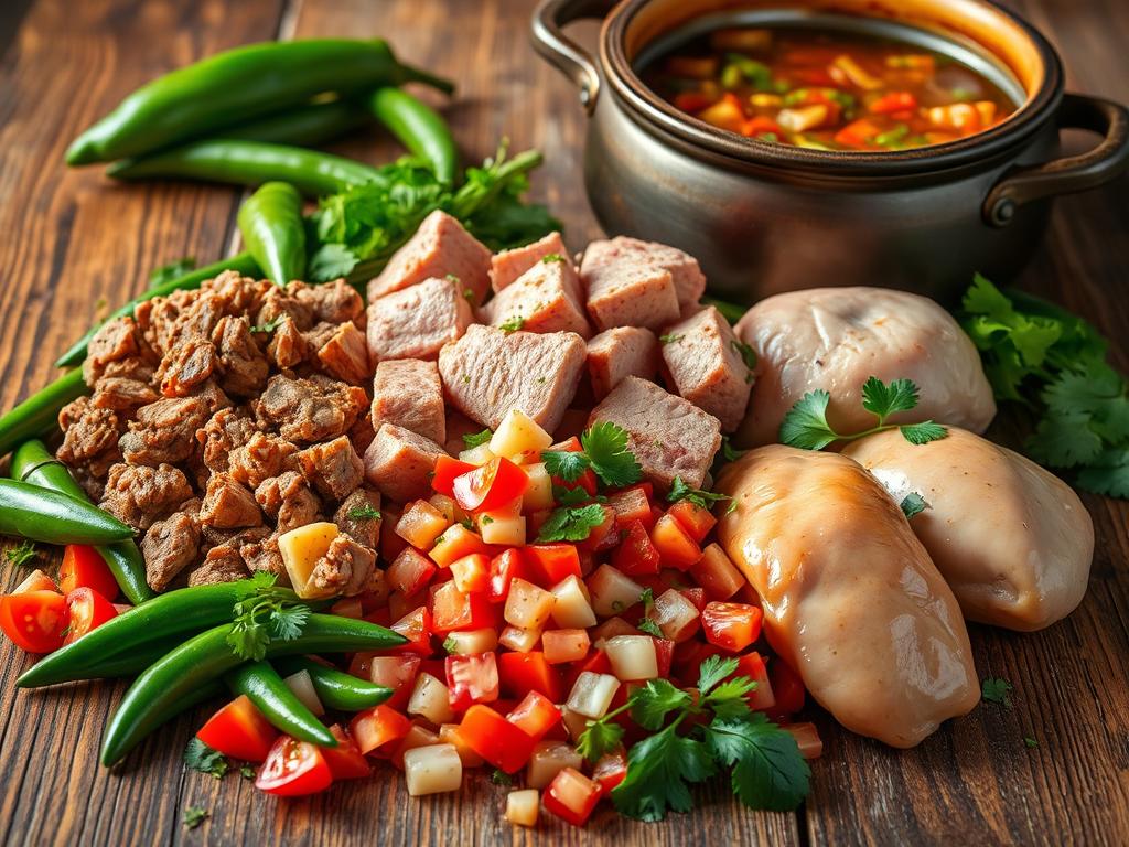 A vibrant display of tender beef, juicy pork, and succulent chicken, artfully arranged on a rustic wooden table surrounded by fresh green chilies, diced tomatoes, onions, and cilantro. In the background, a traditional cooking pot filled with simmering green chili stew adds a cozy and homey touch.