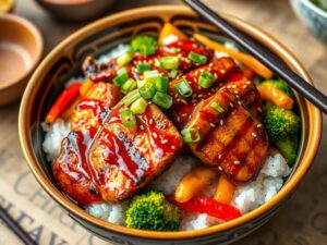 A vibrant teriyaki bowl with grilled chicken, teriyaki sauce, sesame seeds, green onions, colorful vegetables, and white rice in a Japanese ceramic bowl with chopsticks.