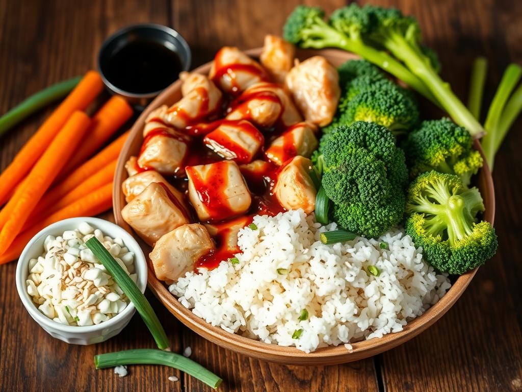 Fresh ingredients for a homemade teriyaki bowl with marinated chicken, broccoli, carrots, rice, sesame seeds, soy sauce, and green onions on a rustic wooden table.