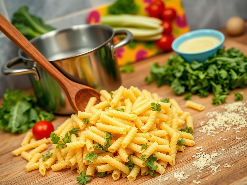 Vibrant kitchen scene with rotini pasta boiling in a pot, wooden spoon, fresh romaine lettuce, cherry tomatoes, Caesar dressing, chopping board, and Parmesan cheese on the side.