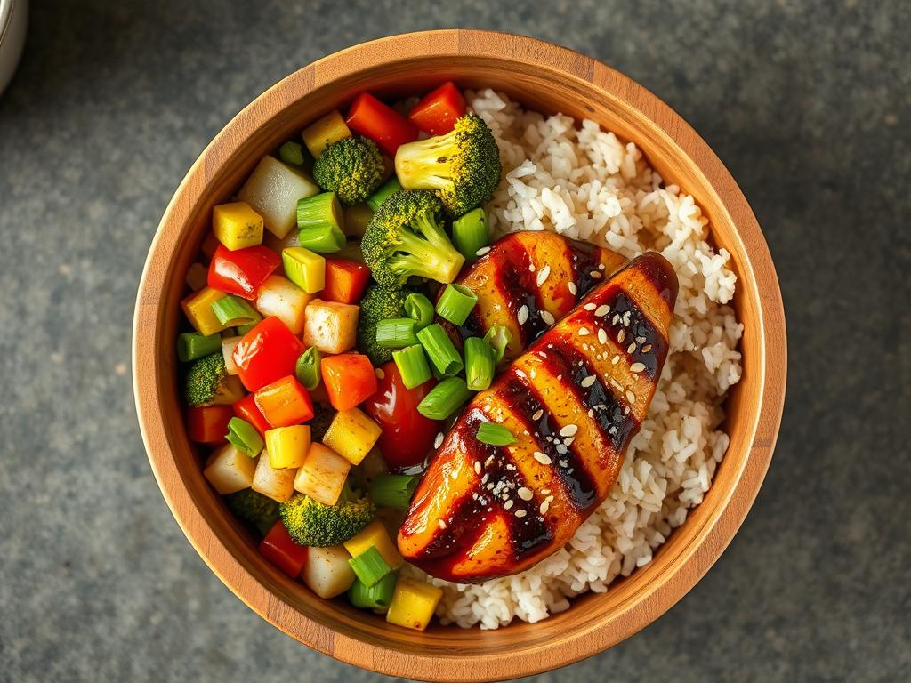 Overhead view of a healthy teriyaki bowl with brown rice, colorful vegetables, grilled chicken, teriyaki sauce, sesame seeds, and green onions in a wooden bowl on a kitchen countertop.