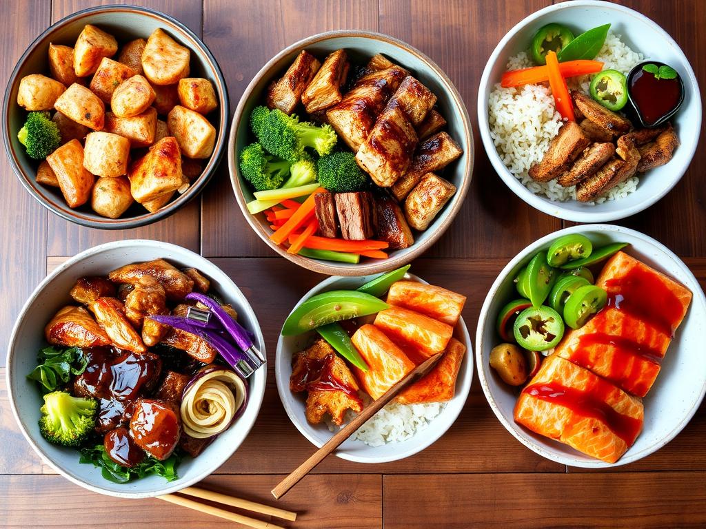 An array of teriyaki bowls with grilled chicken, seared beef, glazed tofu, and salmon, garnished with vegetables like broccoli, carrots, and snap peas on a wooden table.