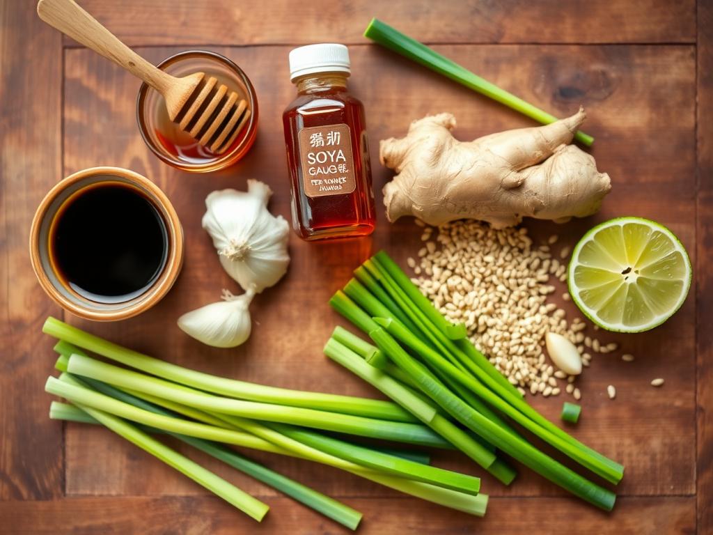 Flat lay of homemade teriyaki sauce ingredients, including soy sauce, honey, ginger, garlic, sesame seeds, scallions, and lime on a rustic wooden surface.