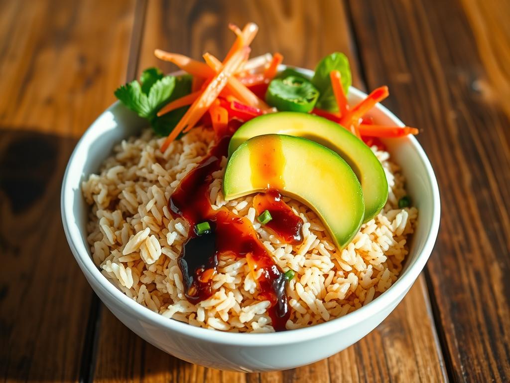 Bowl of freshly cooked brown rice with avocado slices, vibrant vegetables, and a drizzle of soy sauce on a rustic wooden table.