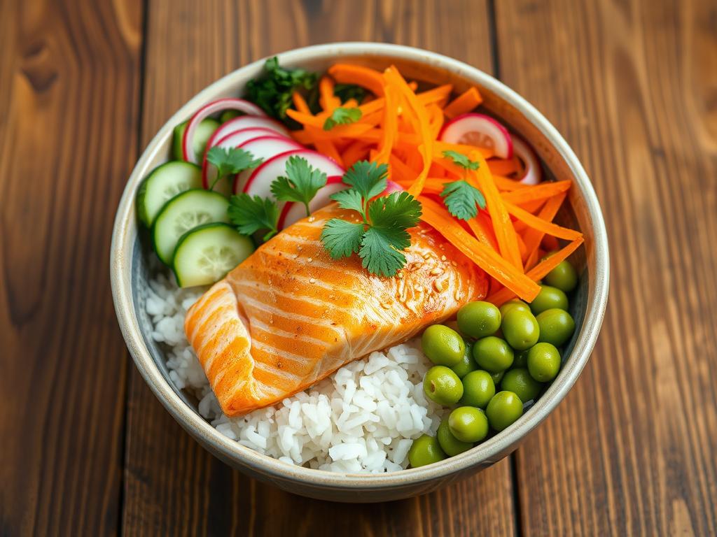 Salmon rice bowl with fresh vegetables like cucumbers, carrots, radishes, and edamame, garnished with cilantro and sesame seeds over fluffy rice in a Japanese bowl on a wooden table.