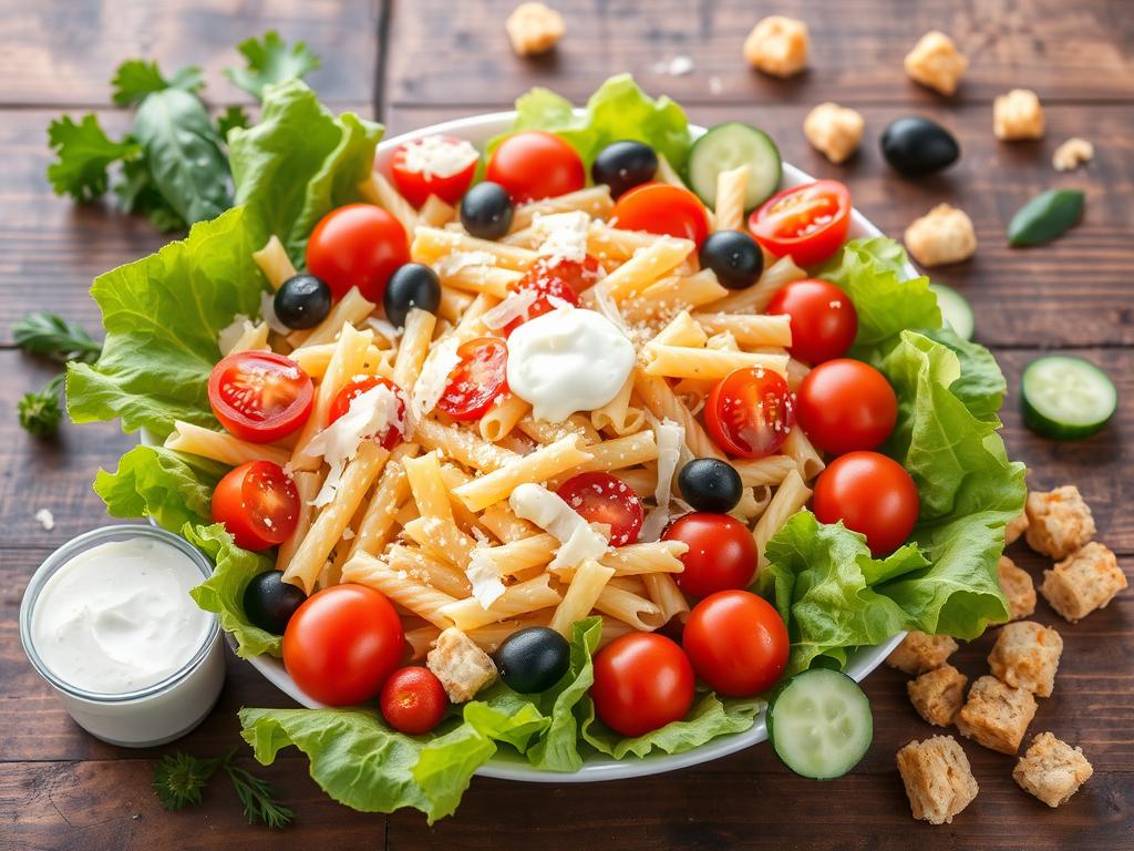 Fresh ingredients for Caesar pasta salad, including rotini pasta, romaine lettuce, cherry tomatoes, cucumbers, Caesar dressing, Parmesan cheese, black olives, and croutons on a rustic wooden table.