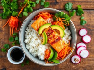 Salmon rice bowl with seared salmon, white rice, avocado slices, shredded carrots, sesame seeds, cilantro, radishes, soy sauce, and pickled ginger on a rustic wooden table.