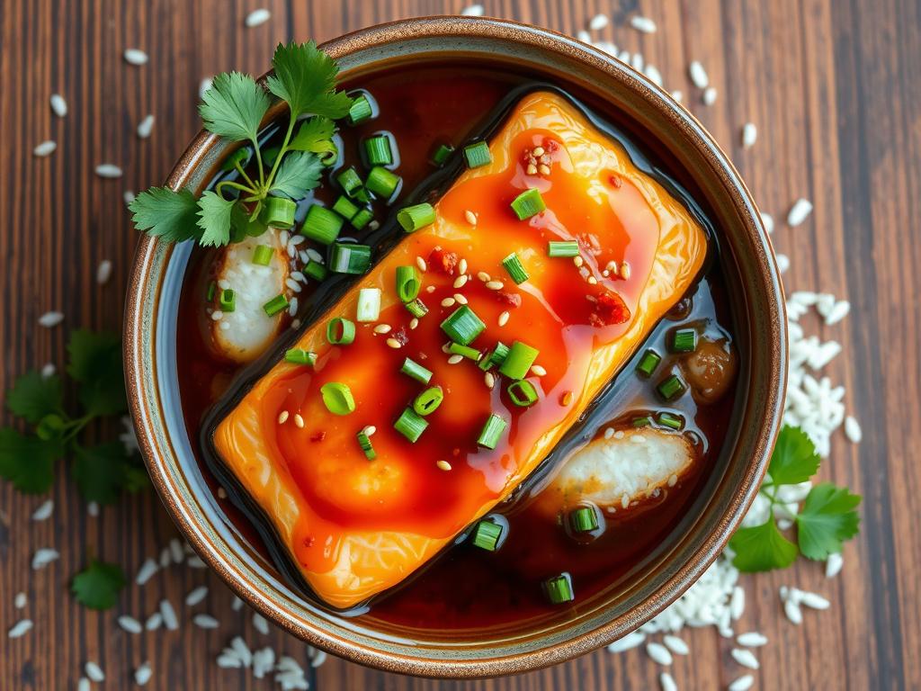 Asian-inspired sauce in a ceramic bowl with soy sauce brown and sesame oil gold, garnished with green onions, sesame seeds, cilantro, and chili flakes, surrounded by scattered rice grains on a wooden table.