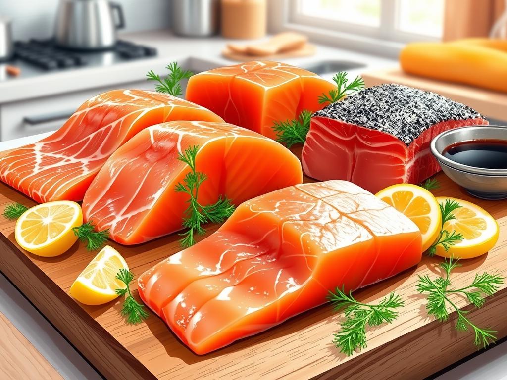 Illustration of fresh salmon cuts on a wooden cutting board with lemon slices, dill, and soy sauce, set against a blurred kitchen background with natural light.