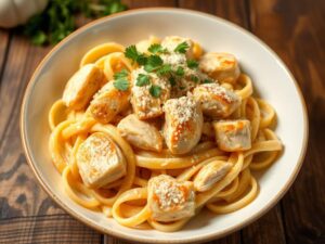 A bowl of creamy garlic Parmesan chicken pasta with tender chicken pieces, al dente fettuccine, rich garlic sauce, freshly grated Parmesan cheese, and parsley garnish on a rustic wooden table.