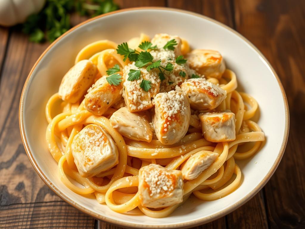 A bowl of creamy garlic Parmesan chicken pasta with tender chicken pieces, al dente fettuccine, rich garlic sauce, freshly grated Parmesan cheese, and parsley garnish on a rustic wooden table.