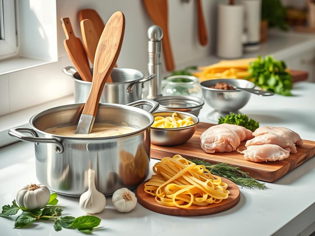 Essential kitchen tools for creamy chicken pasta, including a stainless steel pot, wooden spoon, garlic press, measuring cups, pasta strainer, and a cutting board with fresh ingredients like garlic, herbs, and chicken on a clean countertop with soft natural lighting.