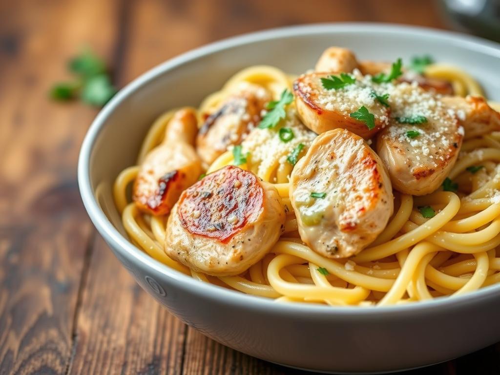 Close-up of a bowl of garlic Parmesan chicken pasta with grilled chicken, creamy garlic sauce, fettuccine noodles, fresh parsley, and grated Parmesan cheese on a rustic wooden table.