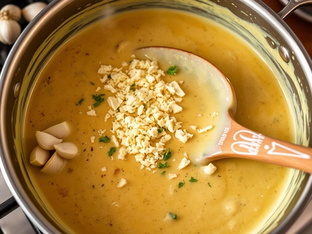 Close-up of a saucepan on a stove with creamy golden garlic Parmesan sauce, minced garlic, grated Parmesan, fresh parsley, and a wooden spoon stirring the mixture, steam rising in a warm kitchen setting.