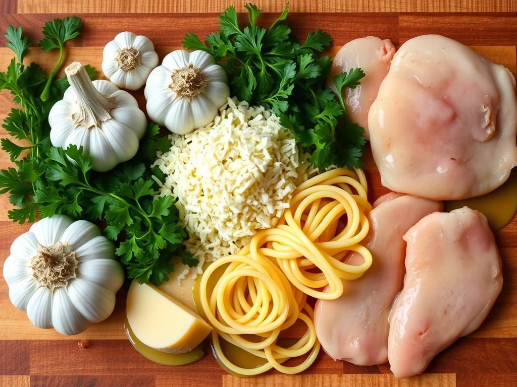 A vibrant display of garlic cloves, fresh parsley, grated Parmesan cheese, uncooked pasta spirals, olive oil, and chicken breast pieces on a wooden cutting board.