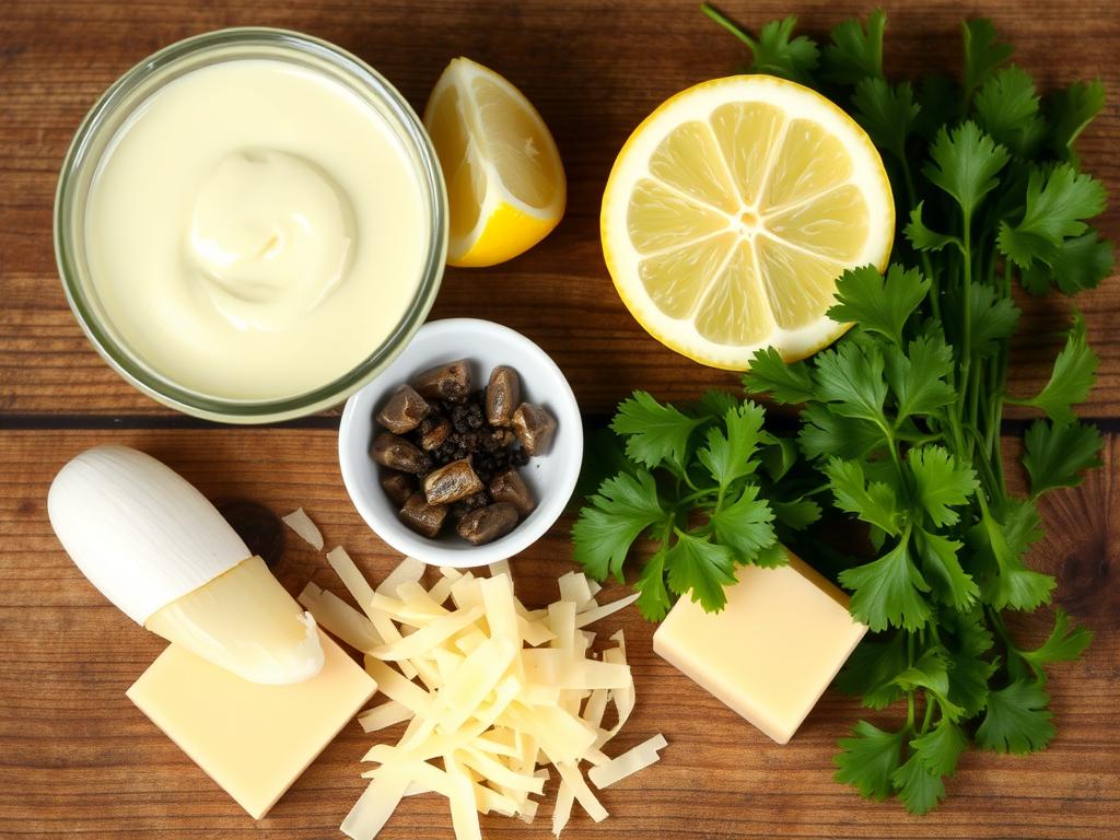 Elegant arrangement of ingredients for homemade Caesar dressing, including mayonnaise, garlic, black pepper, lemon, parmesan shavings, anchovy fillets, and fresh parsley on a rustic wooden surface.