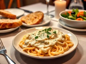 A beautifully set dinner table with creamy pasta topped with Bertolli Alfredo sauce, fresh parsley, grated Parmesan, garlic bread, and a vibrant salad under soft ambient lighting.