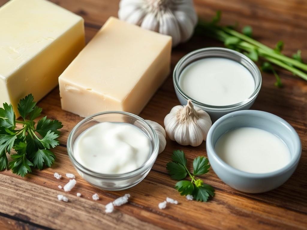 Close-up of ingredients for creamy Alfredo pasta sauce, including fresh Parmesan cheese, creamy butter, garlic bulb, heavy cream, and parsley sprigs on a rustic wooden surface with soft natural lighting.