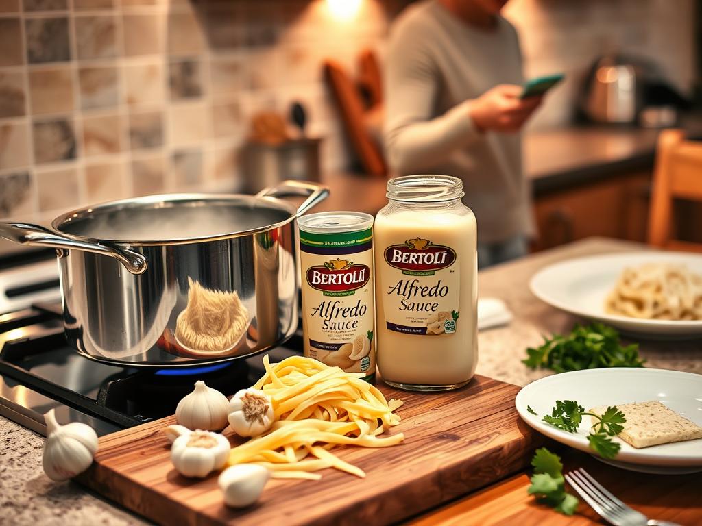 Cozy kitchen scene with a pot of boiling pasta on the stove, an open jar of Sauce, fresh garlic, parsley, grated Parmesan, and a beautifully set dinner table in warm lighting.