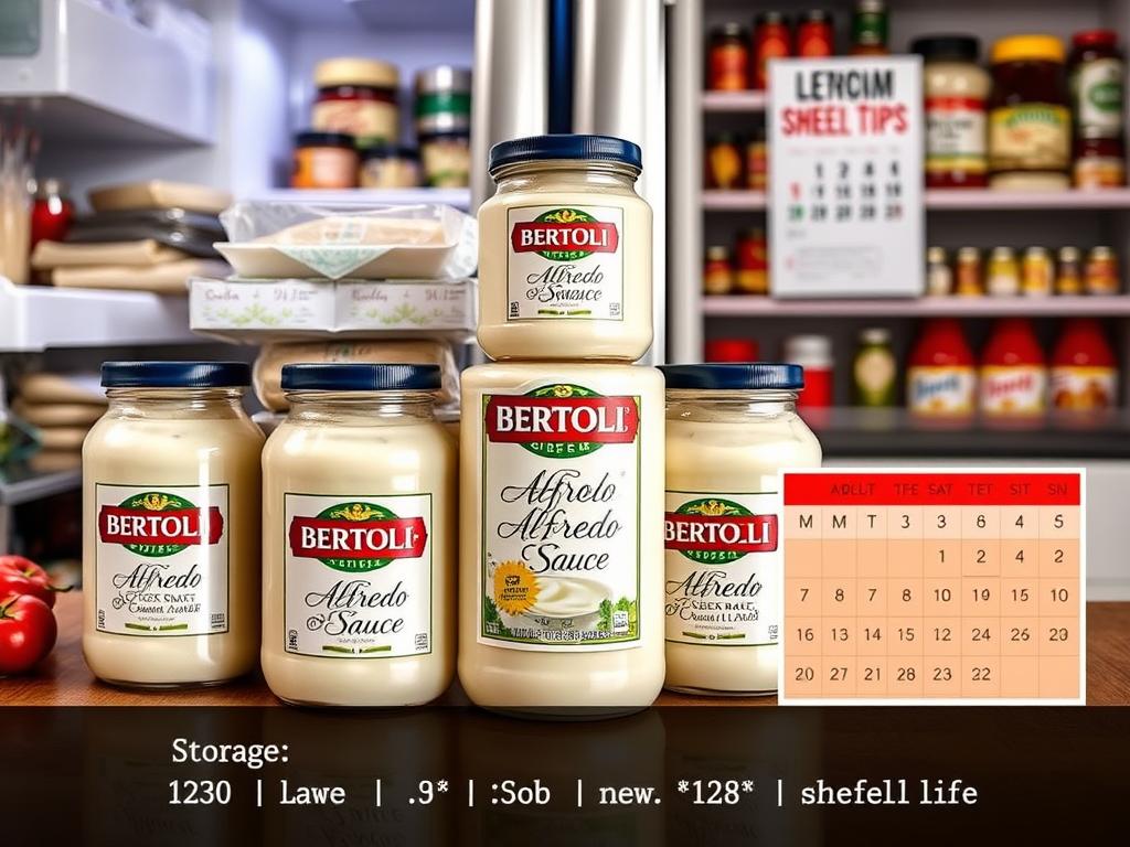 Artistic arrangement of Bertolli Alfredo Sauce jars with storage tips on labels, surrounded by ice packs and a refrigerator backdrop in a cozy kitchen with an organized pantry and a calendar showcasing the sauce's shelf life.