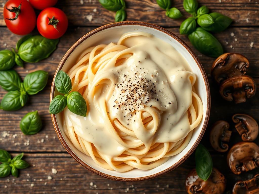 Elegant bowl of creamy Bertolli Parmesan Alfredo sauce drizzled over fettuccine pasta, garnished with fresh basil, cherry tomatoes, sautéed mushrooms, grated Parmesan, and cracked black pepper on a rustic wooden table.