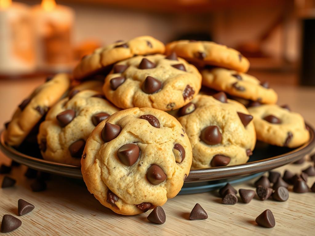 Plate of freshly baked mini chocolate chip cookies with golden-brown edges, soft interiors, and glistening chocolate chips in a cozy kitchen setting with warm lighting.