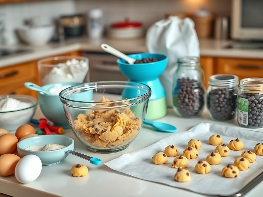 Well-organized kitchen countertop with tools for mini chocolate chip cookies, including a mixing bowl of cookie dough, measuring cups, silicone spatula, parchment-lined baking sheet, jar of chocolate chips, flour, sugar, eggs, and a cozy kitchen background with wooden cabinets and soft lighting.