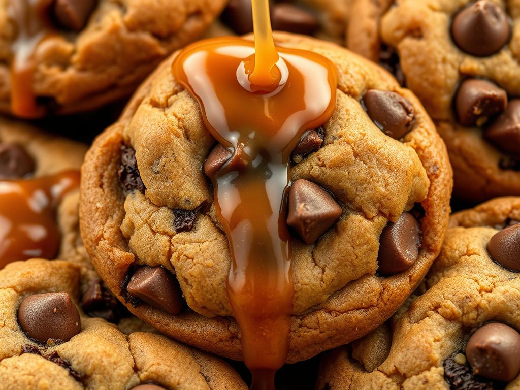 Caramel drizzling over freshly baked chocolate chip cookies, with glossy, smooth texture, melted chocolate chunks, and golden-brown, crisp edges in a close-up composition.