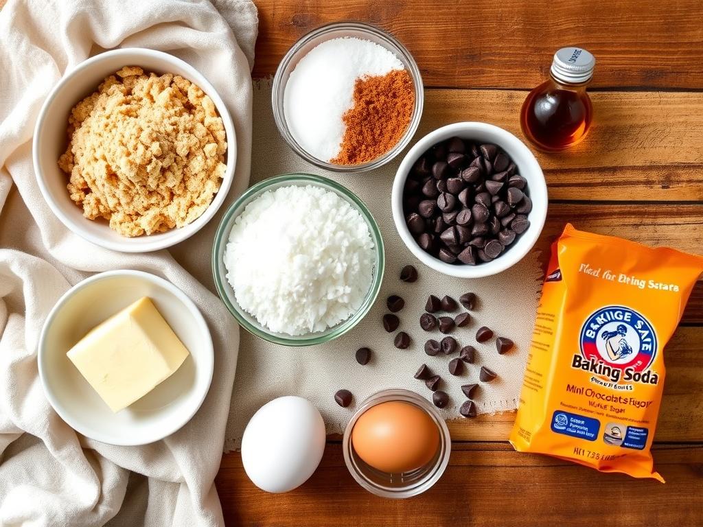 Flat lay of mini chocolate chip cookie ingredients: bowls of flour, brown sugar, granulated sugar, white sugar, butter, chocolate chips, eggs, vanilla extract, and baking soda on a rustic wooden surface with a soft linen cloth.