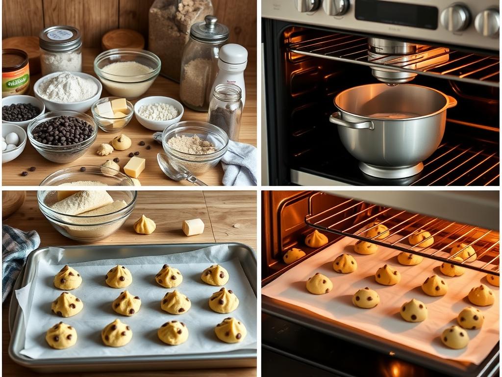 Cozy kitchen scene showing the baking process of mini chocolate chip cookies, with flour, sugar, butter, and chocolate chips on a wooden countertop, mixing bowls of batter, a parchment-lined baking sheet with cookie dough mounds, and an oven with golden cookies baking inside, lit by soft natural light.