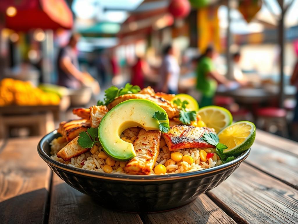 Vibrant street corn chicken rice bowl with grilled chicken, avocado slices, roasted corn, fresh cilantro, and lime wedges on a rustic wooden table with a blurred street food market ambiance.