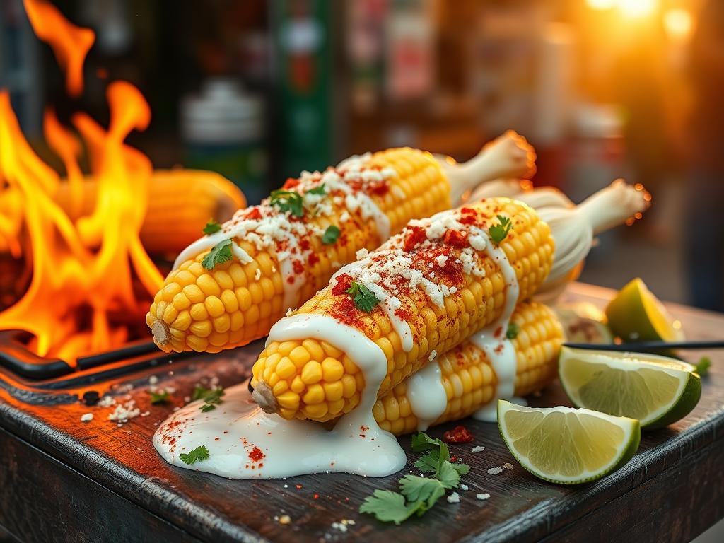 Street vendor grilling fresh corn on the cob over an open flame, covered in creamy sauce, cotija cheese, and chili powder, with garnishes of cilantro and lime slices on a rustic wooden table under warm sunlight.