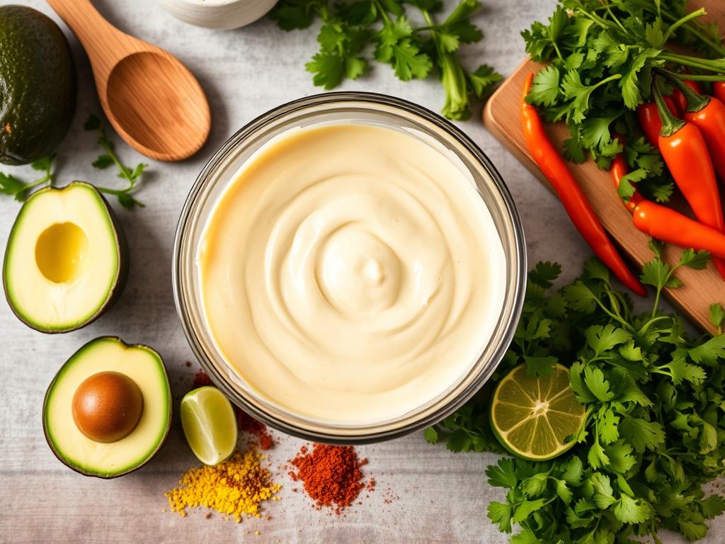 Vibrant kitchen scene with creamy Tex-Mex sauce preparation, featuring avocados, cilantro, lime, spices, a mixing bowl, colorful vegetables, wooden utensils, and chili peppers on a rustic countertop.