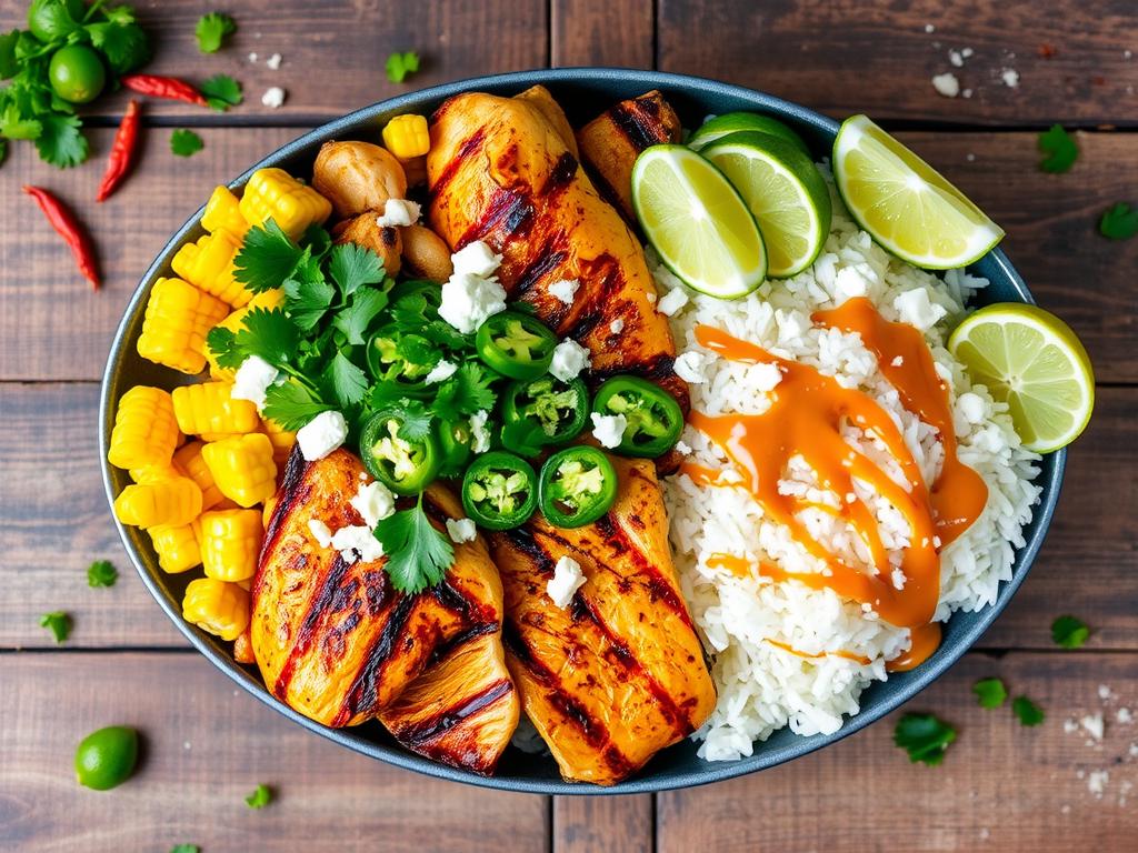 Colorful spread of ingredients for a street corn chicken rice bowl with grilled chicken, smoky corn, white rice, crumbled feta, cilantro, jalapeños, lime wedges, and creamy chipotle sauce on a rustic wooden table.