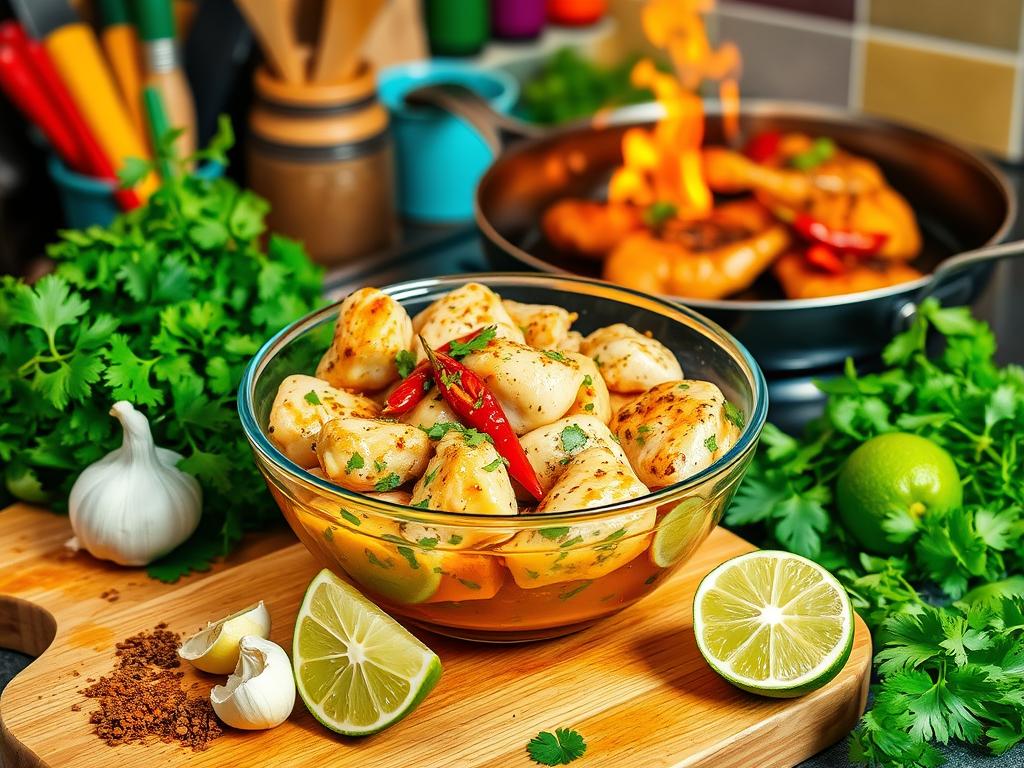 Vibrant kitchen scene with marinated chicken in a bowl, fresh cilantro, lime wedges, spices, garlic, chili peppers on a wooden cutting board, and grilled chicken sizzling on a skillet in a warm, inviting atmosphere.