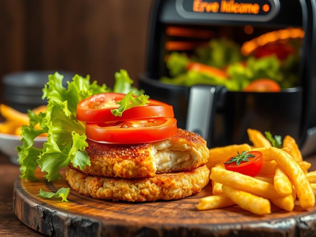 Air-fried chicken patty on a rustic wooden table, garnished with lettuce and tomatoes, served with crispy golden fries and an air fryer in the background under warm lighting.