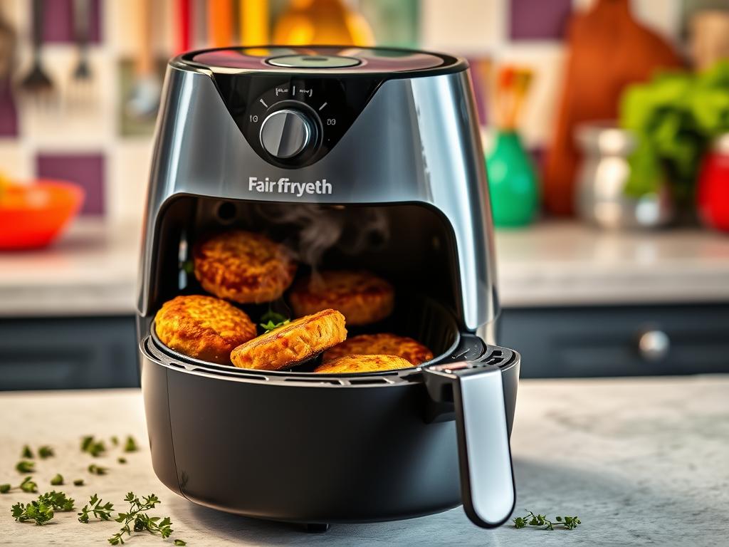 Modern air fryer on a kitchen countertop with golden-brown chicken patties cooking inside, steam rising, fresh herbs scattered around, and a vibrant kitchen backdrop with colorful utensils and ingredients under bright lighting.