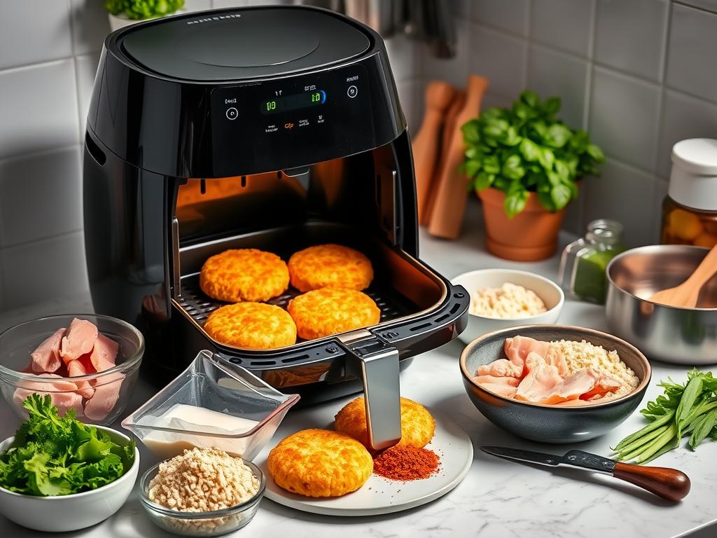 Vibrant kitchen scene with an air fryer on the countertop, open to reveal golden-brown chicken patties, surrounded by raw chicken, breadcrumbs, seasonings, fresh herbs, and colorful vegetables, with utensils and soft lighting highlighting the preparation process.