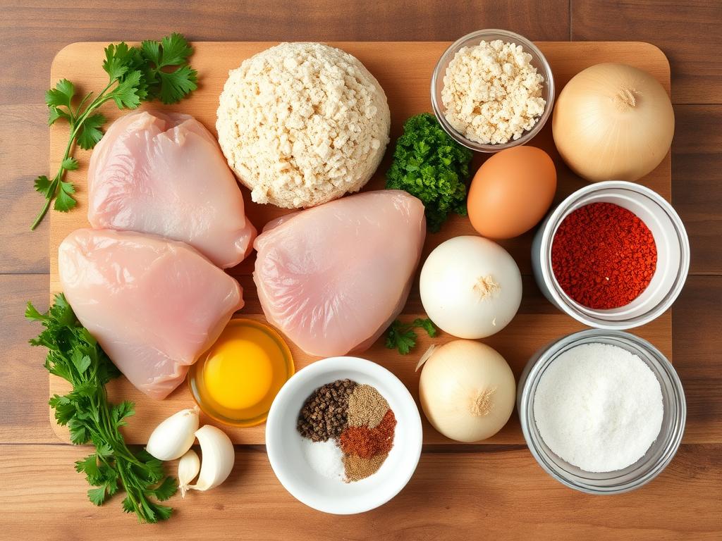 Flat lay of fresh ingredients for chicken patties, including raw chicken breasts, breadcrumbs, eggs, chopped parsley, garlic, onion, salt, pepper, and mixed spices on a rustic wooden countertop with a subtle kitchen background.