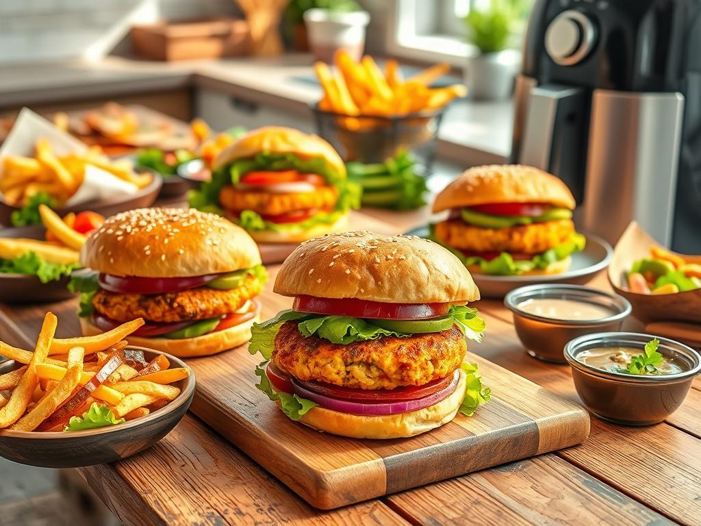 Vibrant scene with air fryer chicken patty sandwiches on a rustic wooden table, surrounded by lettuce, tomatoes, onions, pickles, crispy fries, mixed salad, and dipping sauces, set in a sunny kitchen with an air fryer in the background.