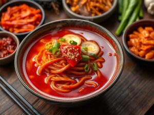 Steaming bowl of vibrant red Buldak ramen with thick noodles in fiery sauce, garnished with green onions and sesame seeds, surrounded by gochugaru, kimchi, and chopsticks on a rustic wooden table.